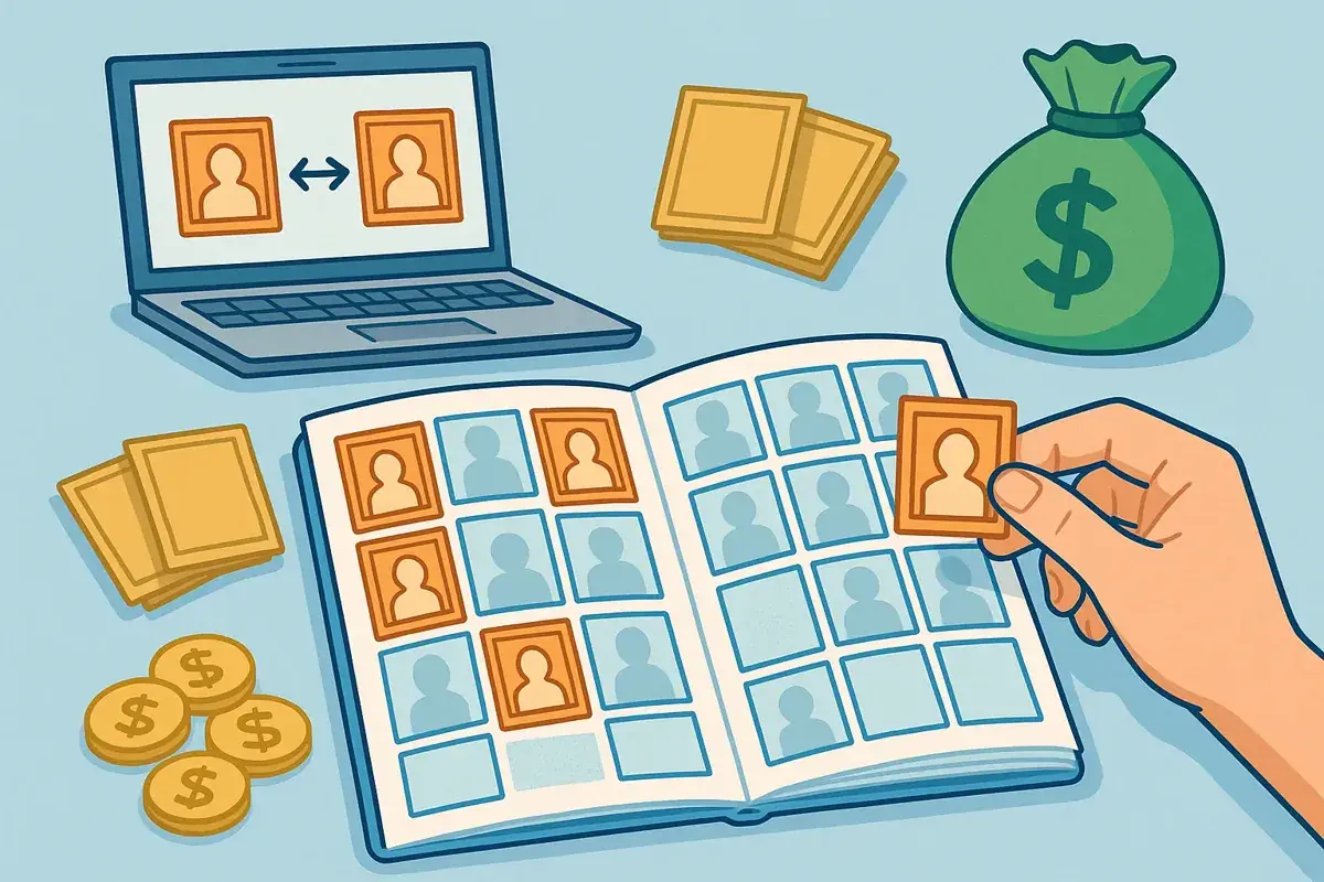 Ilustración digital sobre cómo completar colecciones de cromos sin gastar mucho dinero, con álbum, cromos y organización económica